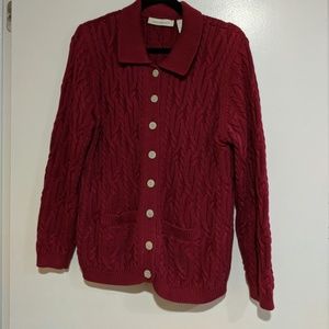 Heavy cotton cable knit cardigan. Cranberry red!